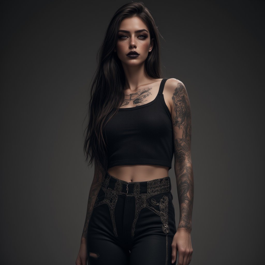 fullbody, Female goth with pale skin, long straight black hair, dressed in black ripped jeans with a black cropped tanktop, black lipstick, tattooed, tattooed face, tattooed body, photogenicLDG