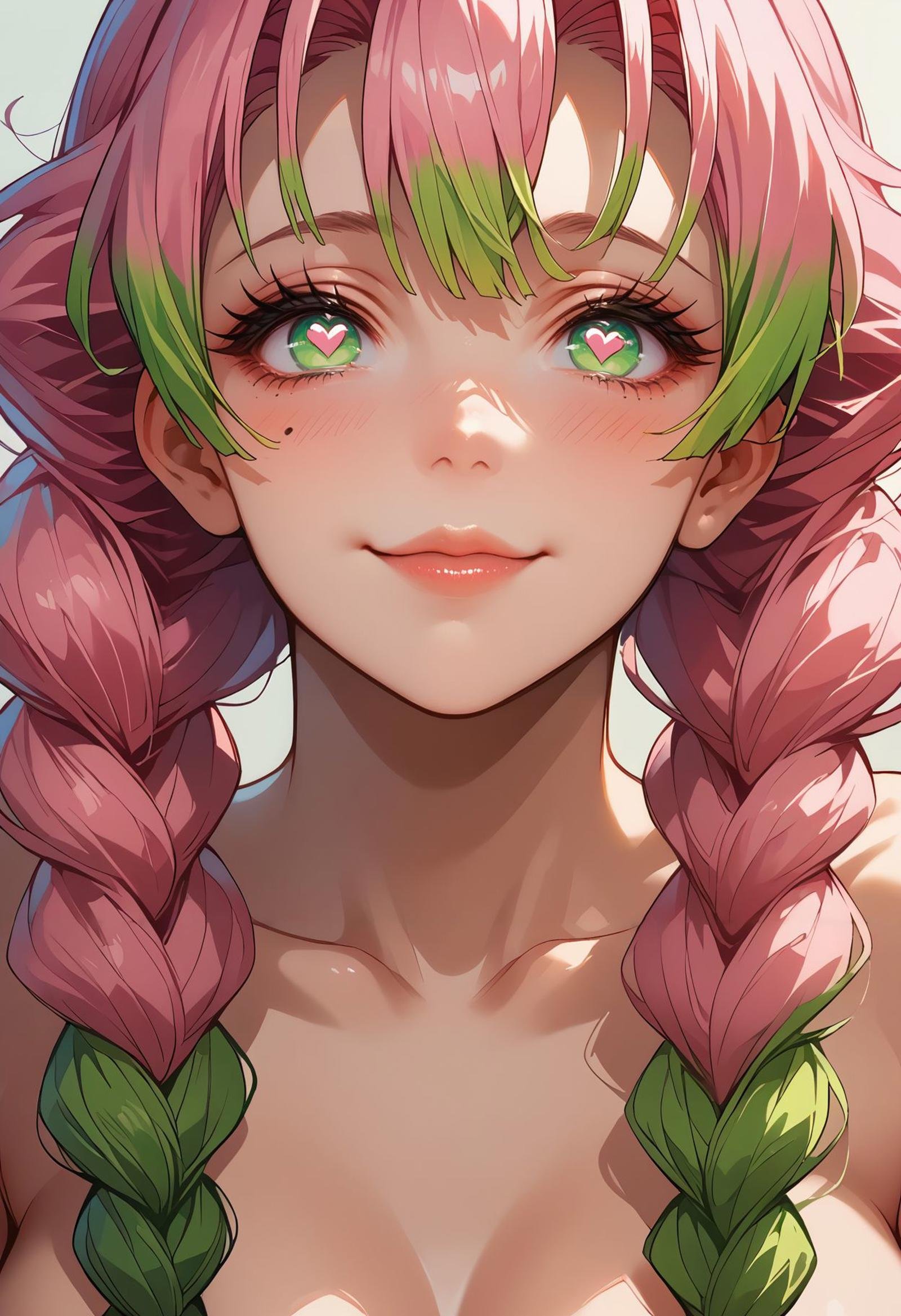 <lora:kanroji_mitsuri_pdxl_goofy:1>score_9,score_8_up,core_7_up, score_9, kanroji-mitsuri, 1girl, green eyes, green hair, heart, heart-shaped pupils, heart in eye, lips,twin braids,  long hair, mole, mole under eye, multicolored hair, nude, pink hair, smile, solo, symbol-shaped pupils, symbol in eye