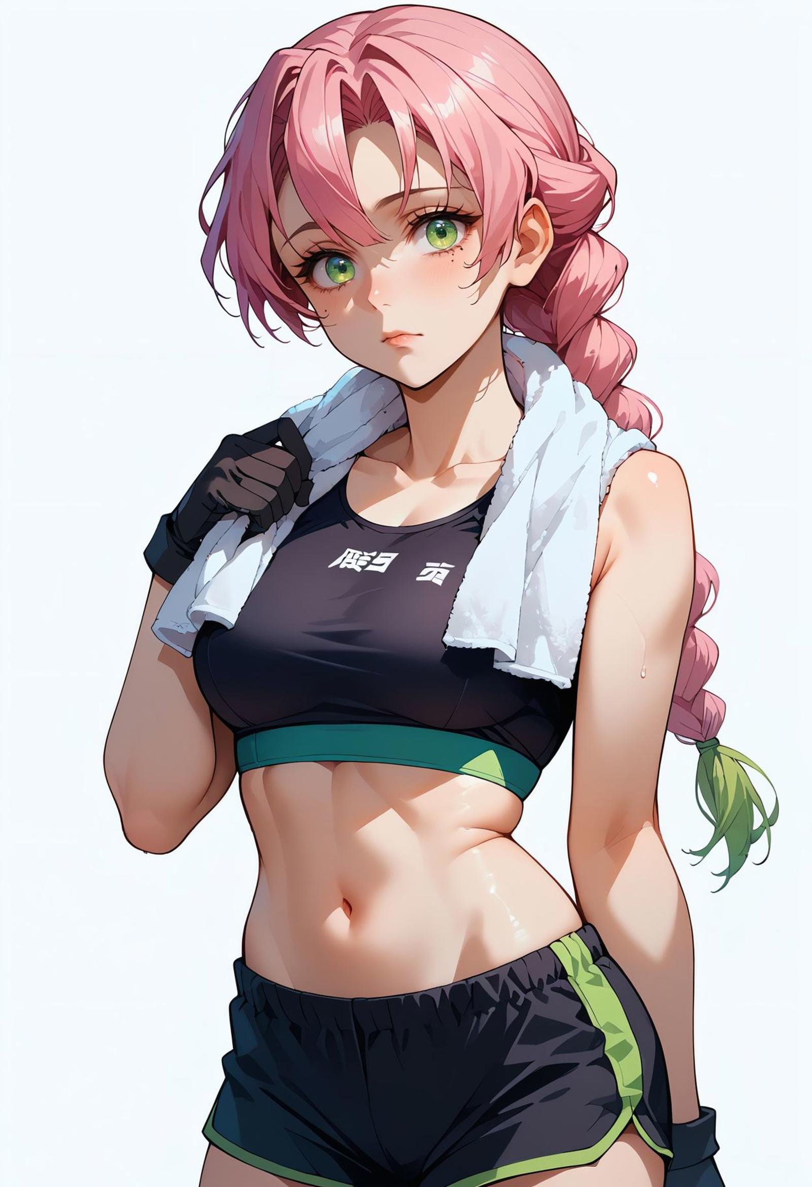 <lora:kanroji_mitsuri_pdxl_goofy:1>score_9,score_8_up,core_7_up, score_9, kanroji-mitsuri, 1girl, alternate costume, alternate hairstyle, black gloves, black shorts, black sports bra, braid, braided ponytail, breasts, clothes writing, cowboy shot, gloves, green eyes, green hair, micro shorts, mole, mole under eye, navel, pink hair, shorts, simple background, solo, sports bra, stomach, towel, towel around neck, white background