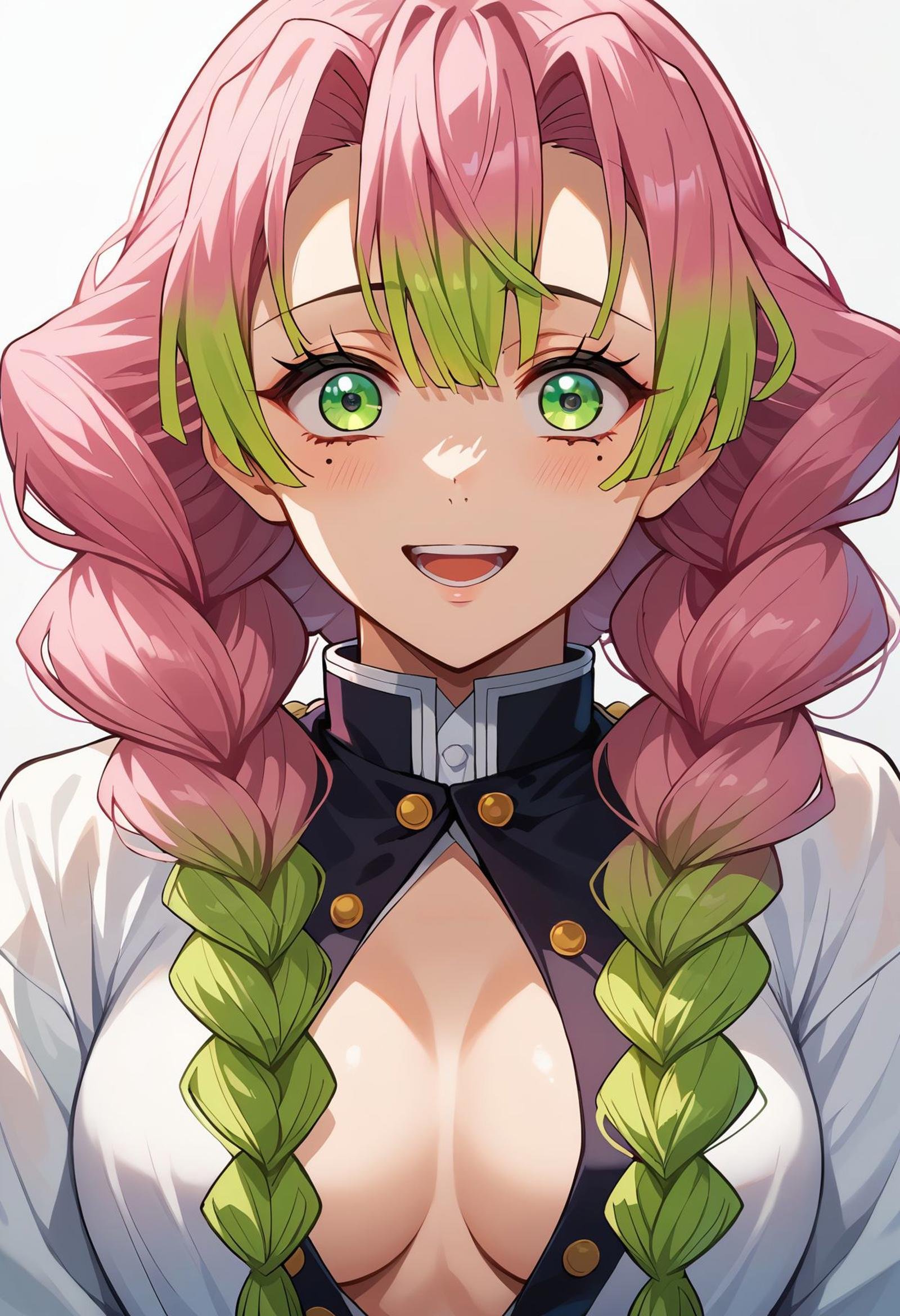 <lora:kanroji_mitsuri_pdxl_goofy:1>score_9,score_8_up,core_7_up, score_9, kanroji-mitsuri, 1girl, braid, breasts, demon slayer uniform, gradient hair, green eyes, green hair, long hair, long sleeves, looking at viewer, medium breasts, mole, mole under eye, multicolored hair, open mouth, pink hair, smile, solo,twin braids, 