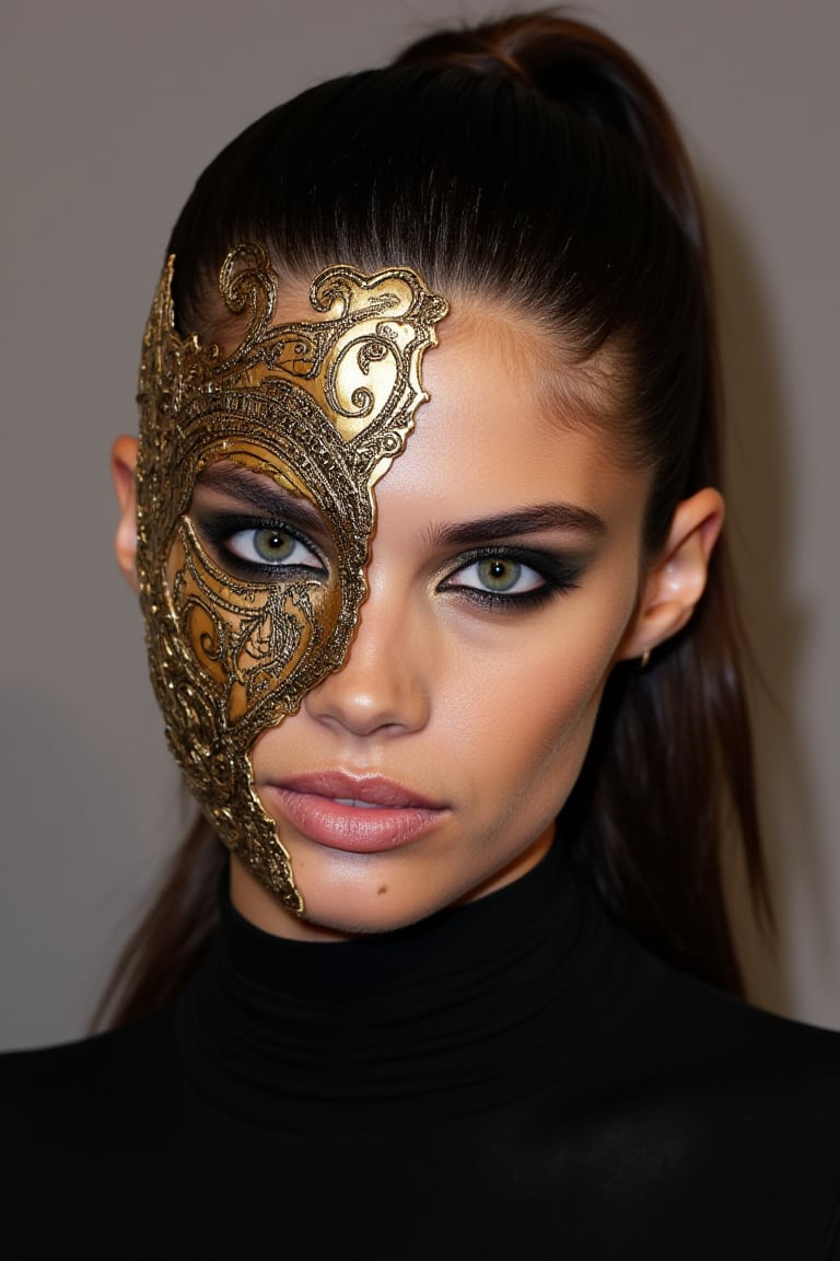 A head portrait of wos4r4s4m she has tied hair in a ponytail. She has half of her left face covered by a golden mask with...
