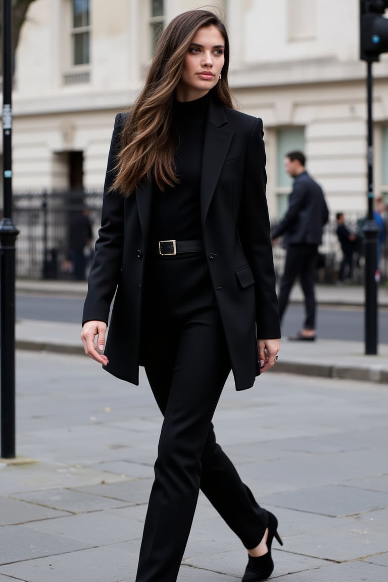 A professional photography of wos4r4s4m she has a beautiful face and long hair. She is wearing a black suit with jacket an...