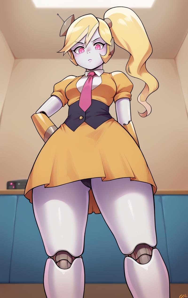 score_9,score_8_up,score_7_up BREAK <lora:Pivot:0.9>,PivotSDXL,1girl,long hair,skirt,blonde hair,ponytail,necktie,pink eyes,side ponytail,colored skin,robot,android,joints,robot joints,cowboy shot,room,room background,from below,