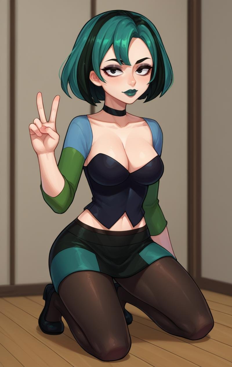 score_9,score_8_up,score_7_up,source_cartoon BREAK <lora:GwenDRAMA:1>,GwenDRAMA,1girl,short hair,black hair,cleavage,pantyhose,green hair,choker,black eyes,makeup,black choker,lipstick,skirt,midriff,room,room background,kneeling,v,