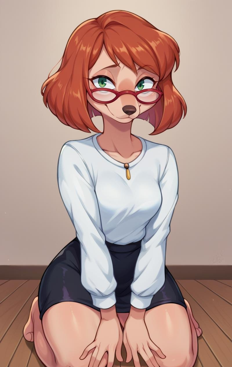 score_9,score_8_up,score_7_up,source_cartoon BREAK <lora:SylviaMarpole:0.9>,SylviaMarpoleSDXL,1girl,short hair,shirt,long sleeves,animal ears,jewelry,green eyes,white shirt,red hair,glasses,black skirt,furry,red-framed eyewear,furry female,black skirt,animal nose,snout,room,room background,cowboy shot,kneeling, v