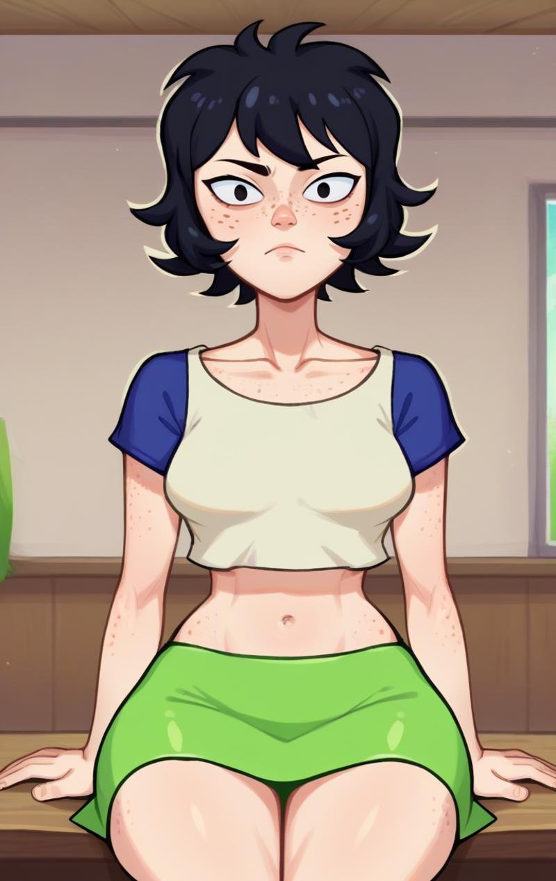 score_9,score_8_up,score_7_up,source_cartoon BREAK <lora:lara:1>,laraSDXL,1girl,solo,short hair,black eyes,skirt,shirt,black hair,navel,midriff,miniskirt,crop top,green skirt,freckles,cowboy shot,room,room background,sitting,