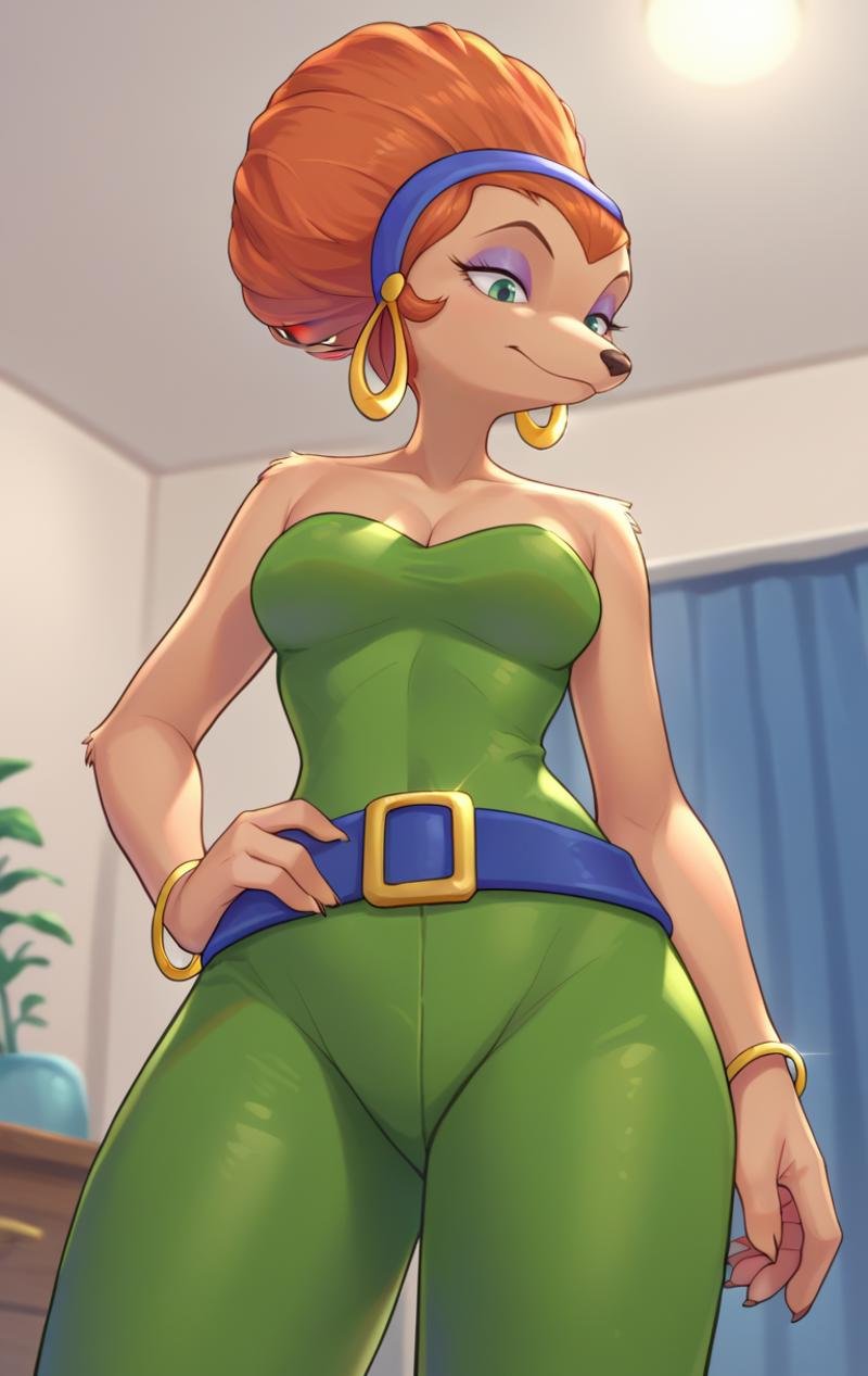 score_9,score_8_up,score_7_up,source_cartoon BREAK <lora:SylviaMarpoleDISCO:1>, SylviaMarpoleDISCO, 1girl, s cleavage, bare shoulders, jewelry,  green eyes,hairband, earrings, belt, pants, orange hair,  bracelet, bare arms, strapless, makeup, furry, hoop earrings, furry female, bangle. from below, cowboy shot, room, room background.