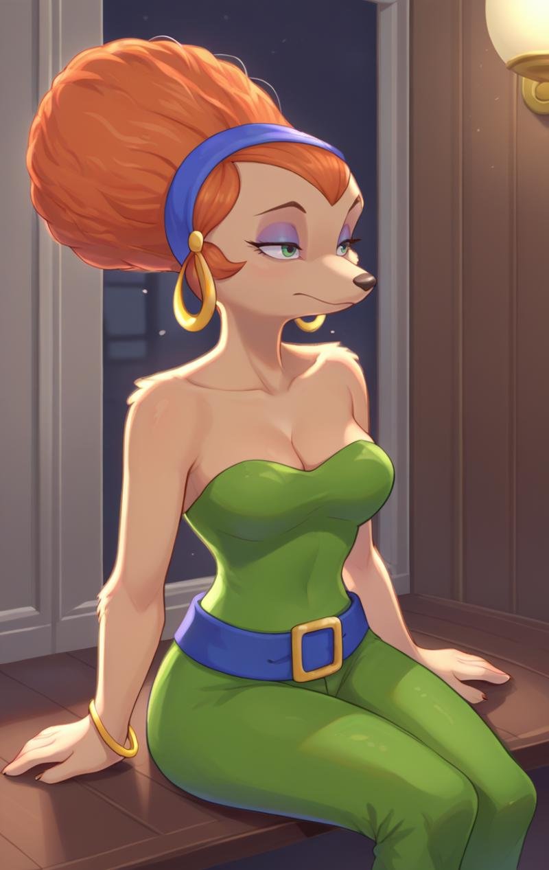 score_9,score_8_up,score_7_up,source_cartoon BREAK <lora:SylviaMarpoleDISCO:1>,SylviaMarpoleDISCO,1girl,cleavage,bare shoulders,jewelry,green eyes,hairband,earrings,belt,pants,orange hair,bracelet,bare arms,strapless,makeup,furry,hoop earrings,furry female,bangle,cowboy shot,room,room background,sitting,