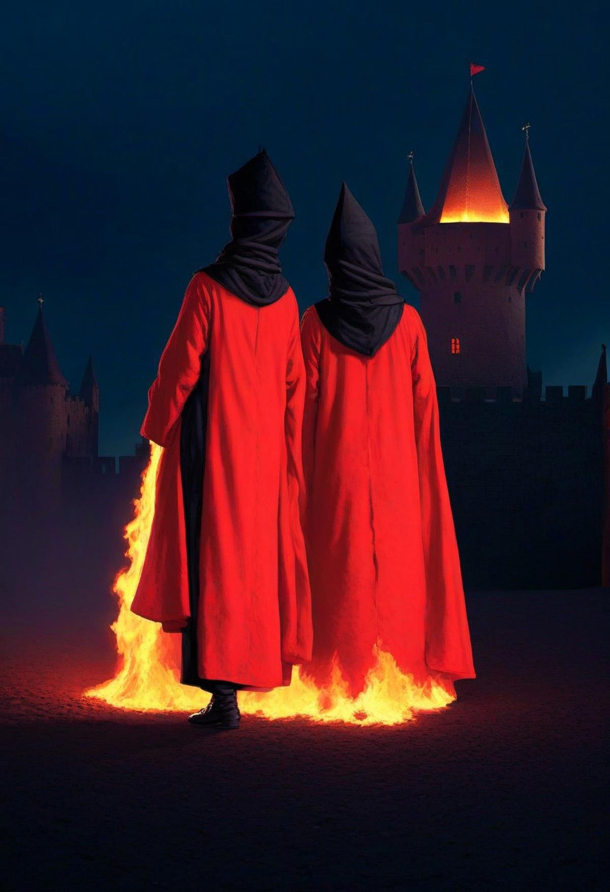 medieval castle, city square, red robes, night, black, very dark, fire, gradient, black border, auto da fe, ((creature)), food, people, scary, weird, silhouette, heretic, (((eerie, unnerving, occult, surreal)))