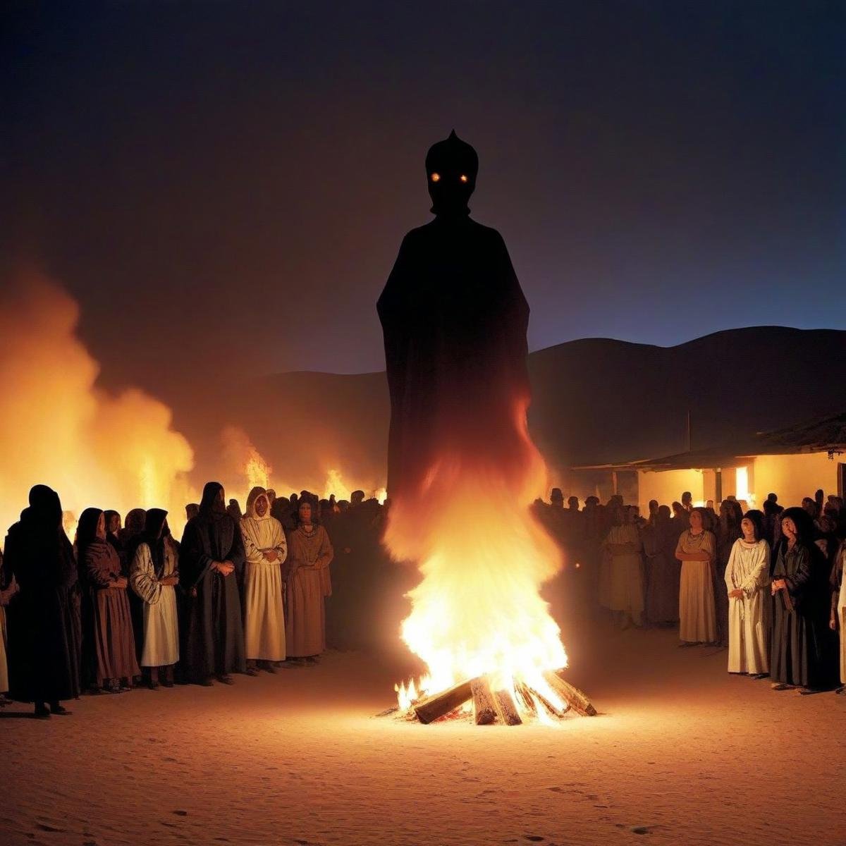 desert village, night, dark, disembodied head, fire, (auto da fe, person burning at stake), silhouette, crowd, crowd watching, heretic, (((eerie, unnerving, occult, surreal)))