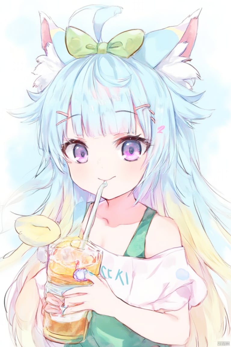 lanmewko,1girl, 

lanmewko, 

white shirt, cat ears, green bow, animal ears, dress, :d, off shoulder, cropped torso, ahoge, multicolored hair, upper body, shirt, drinking straw, animal ear fluff, hairclip, long hair, cup, blonde hair, blue hair, off-shoulder shirt, smile, drink, bow, upper teeth only, teeth, heart, drinking glass, virtual youtuber, green dress, purple eyes, bare shoulders, hair ornament, hair bow, solo, collarbone,

masterpiece, newest, absurdres, safe