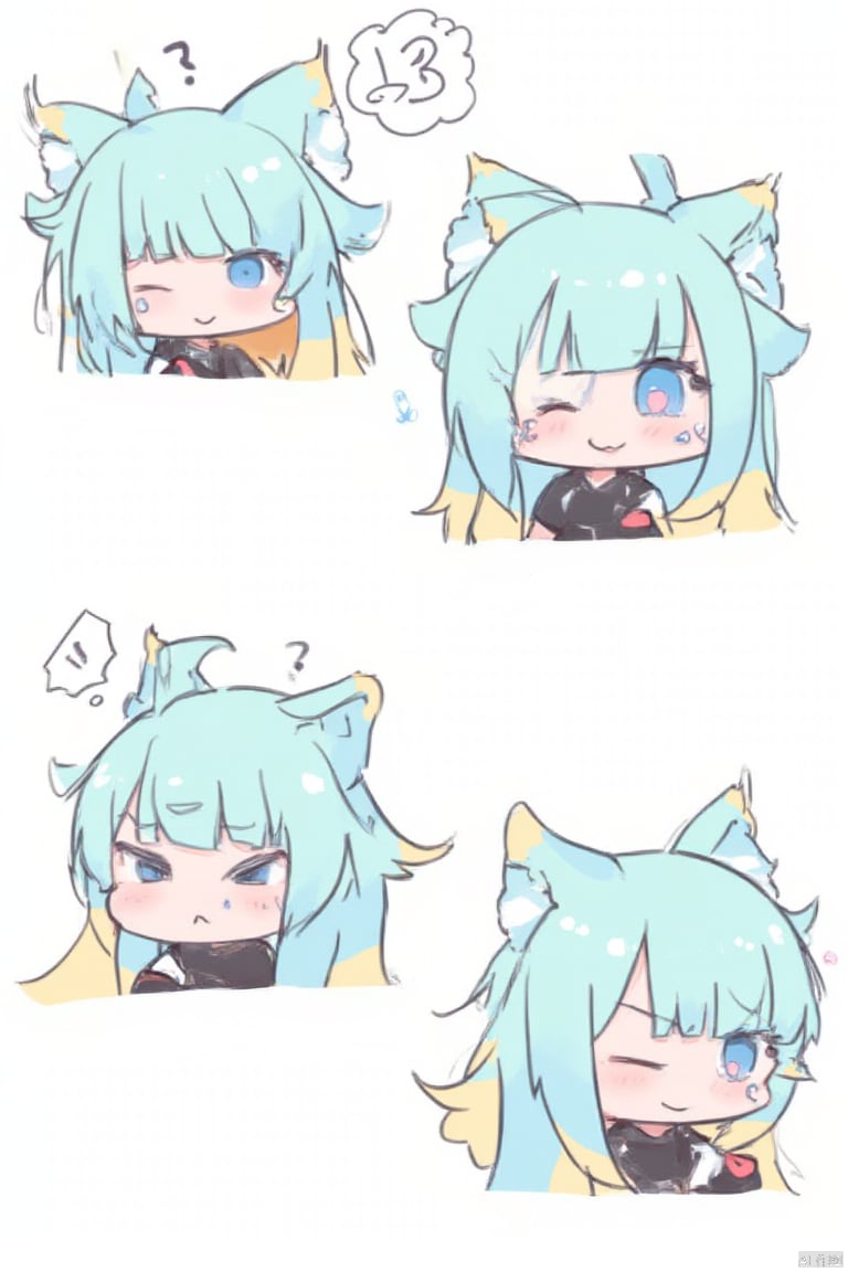 lanmewko,1girl, 

lanmewko, 

multiple views, cat ears, speech bubble, animal ears, chibi, blue eyes, shaking head, ahoge, multicolored hair, chibi only, aqua hair, blunt bangs, animal ear fluff, nervous sweating, sweat, :3, blonde hair, blue hair, smile, blush stickers, hair over one eye, two-tone hair, holding, virtual youtuber, !?,

masterpiece, newest, absurdres, safe