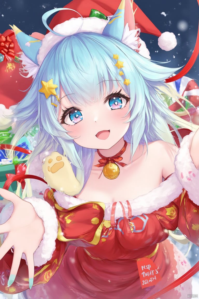 lanmewko,1girl, 

lanmewko, 

star (symbol), gift bag, gradient hair, aqua nails, bell, cat ears, cat girl, animal ears, dress, looking at viewer, off shoulder, blue eyes, santa costume, ribbon, multicolored hair, box, medium breasts, upper body, gift box, animal ear fluff, hairclip, food, candy cane, long hair, red choker, open mouth, christmas, hat, long sleeves, blonde hair, starry background, choker, blue hair, neck ribbon, ribbon choker, red dress, gift, smile, yellow ribbon, candy, star hair ornament, off-shoulder dress, outstretched arms, blush, nail polish, virtual youtuber, star choker, simple background, santa hat, bare shoulders, hair ornament, solo, breasts, sidelocks,

masterpiece, newest, absurdres, safe