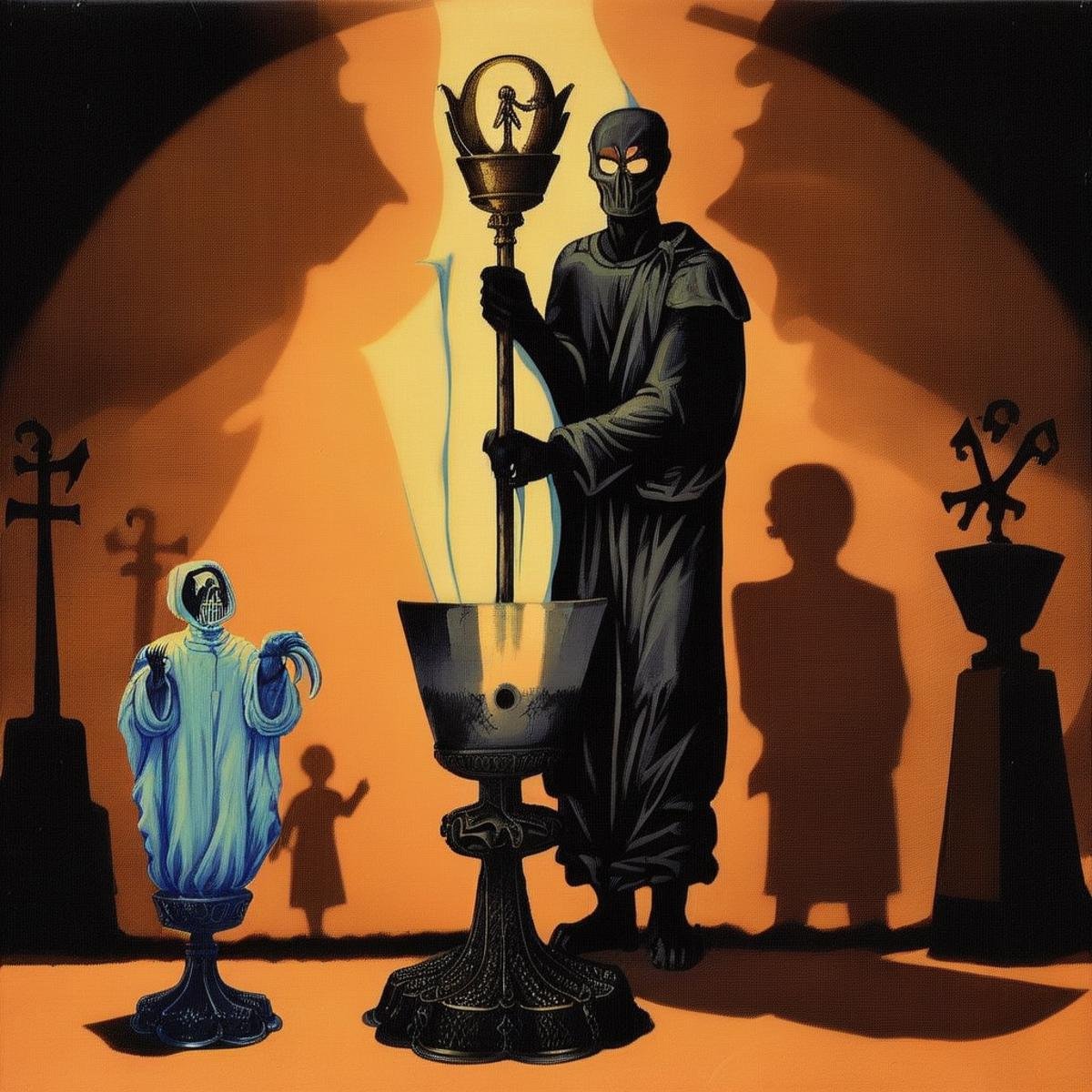 statue, scenery, shadows, 2boys, chalice, staff, ((creature)), scary, weird, silhouette, heretic, (((eerie, unnerving, occult, surreal)))