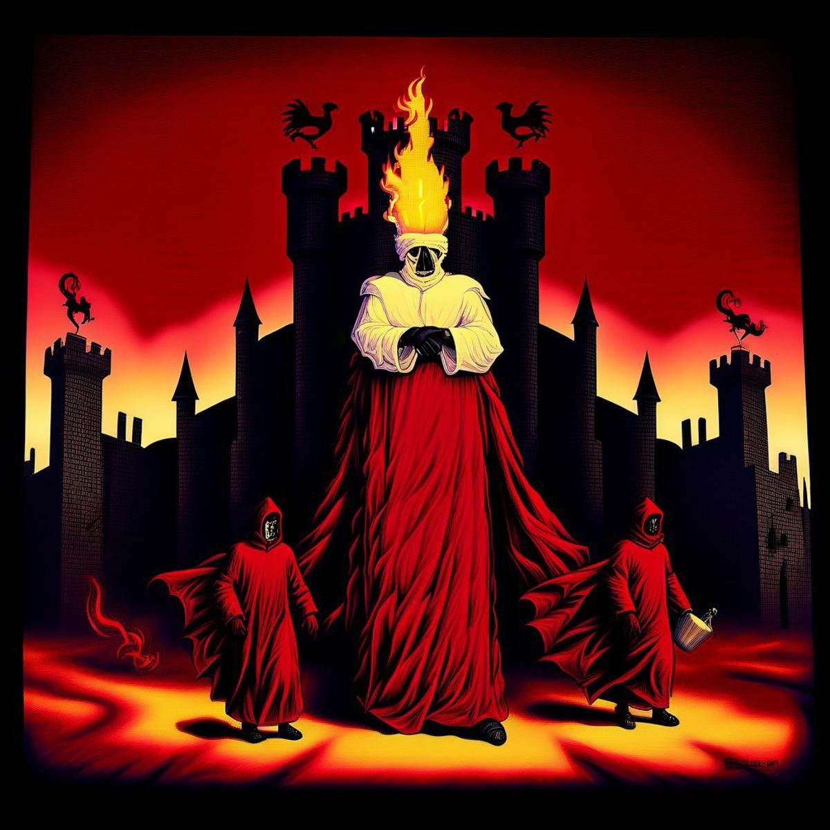 Realistic, medieval castle, city square, red robes, night, black, very dark, fire, gradient, black border, auto da fe, food, people, scary, weird, silhouette, heretic, (((eerie, unnerving, occult, surreal)))