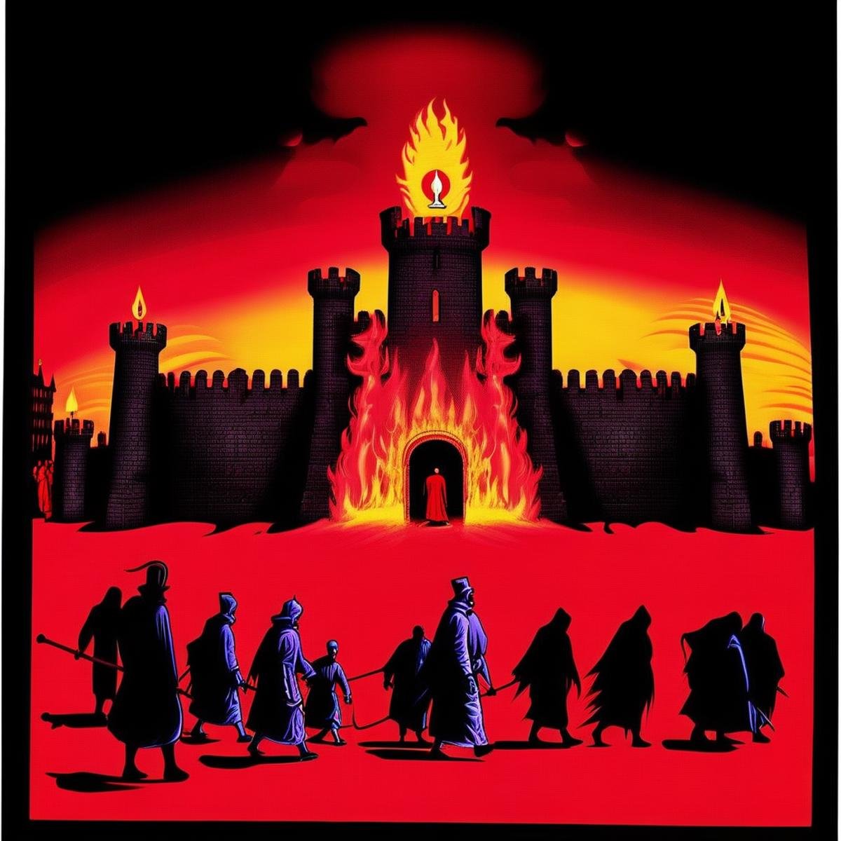 medieval castle, city square, red robes, night, black, very dark, fire, gradient, black border, auto da fe, food, people, scary, weird, silhouette, heretic, (((eerie, unnerving, occult, surreal)))