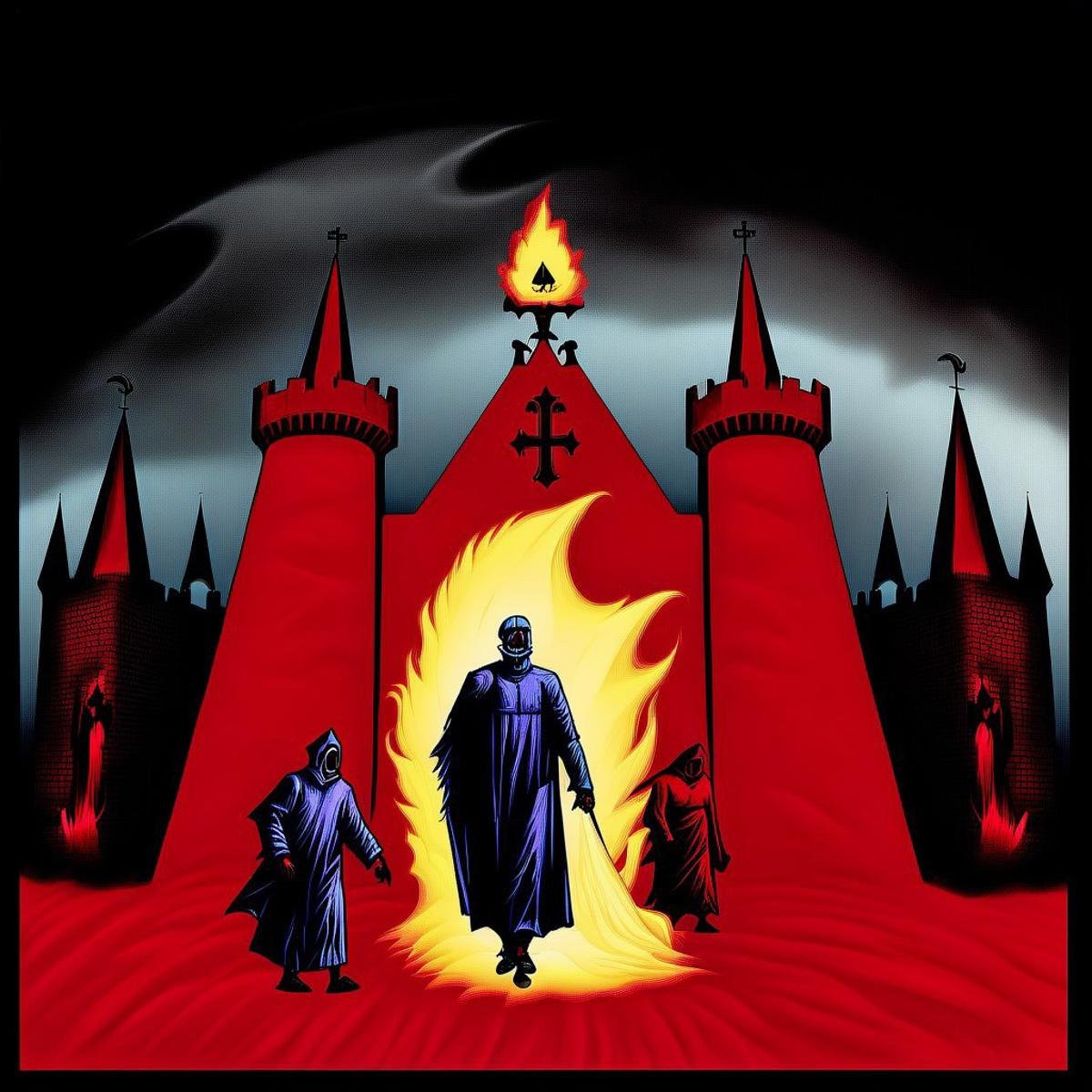 Realistic, medieval castle, city square, red robes, night, black, very dark, fire, gradient, black border, auto da fe, food, people, scary, weird, silhouette, heretic, (((eerie, unnerving, occult, surreal)))