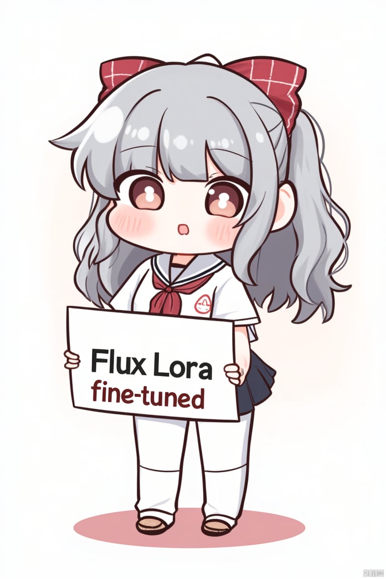 chibi,The task is to annotate the image by describing its content in natural language. The description should focus on the objects and features present in the image without making any assumptions or interpretations beyond what is visually evident. For example, the text  "Flux Lora fine-tuned" suggest a reference to specific names, likely related to the content of the sign the character is holding, which could be a title or a name of something related to anime or manga culture. However, without additional context, these names cannot be further defined. The description should remain objective and factual, detailing only what is shown in the image.