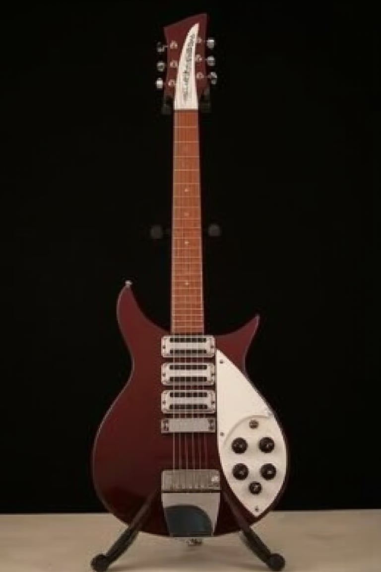 Rickenbacker electric guitar on a stand with spotlights on it,⅓ view,body