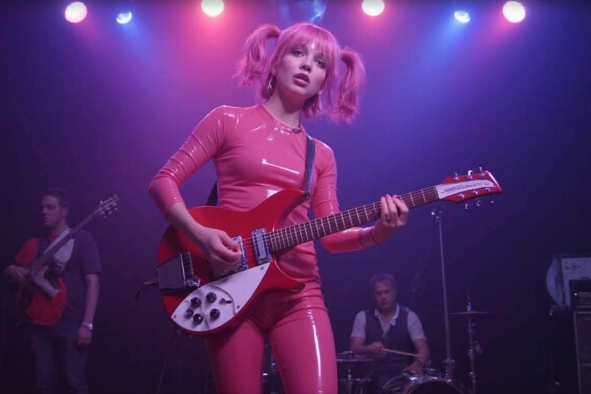 1girl,solo,sexy girl with short pink hair with pony tails in a pink transparent tight fitting latex catsuit, front view,half body, standing, playing Rickenbacker electric guitar in a nightcub on stage