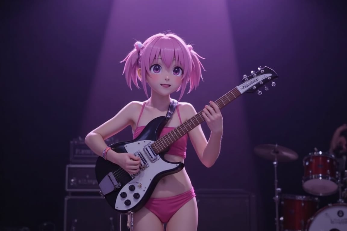 1girl,solo,sexy girl with short pink hir with pony tails in pink underwear, front view,half body, standing, playing Rickenbacker electric guitar in a nightcub on stage