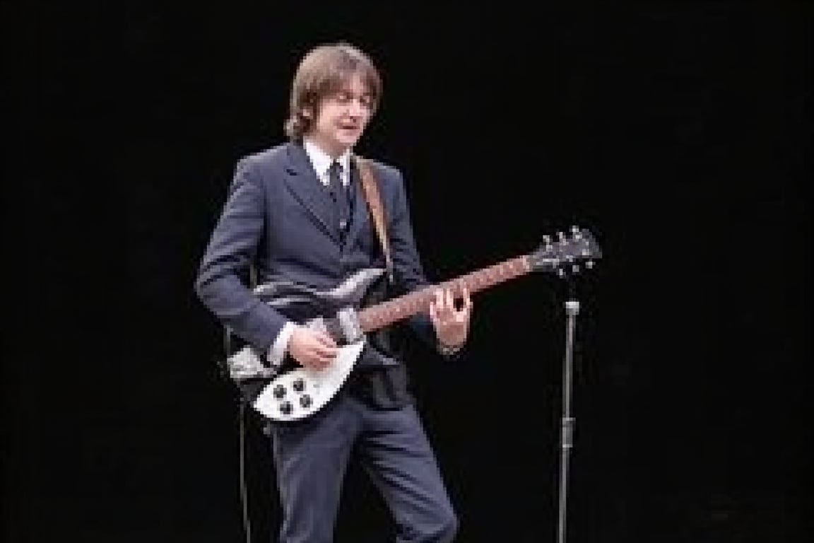 1boy,solo,John Lennon of the Beatles, front view,half body, standing, playing Rickenbacker electric guitar in a nightcub on stage