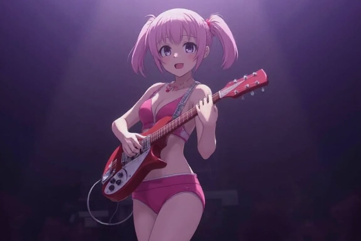 1girl,solo,sexy girl with short pink hair with pony tails in pink underwear, front view,half body, standing, playing Rickenbacker electric guitar in a nightcub on stage