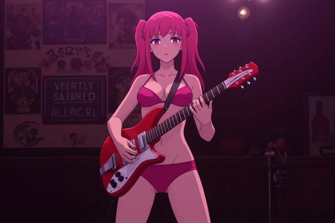 1girl,solo,sexy girl with short pink hir with pony tails in pink underwear, front view,half body, standing,Rickenbacker,electric guitar, playing guitar in a nightcub on stage