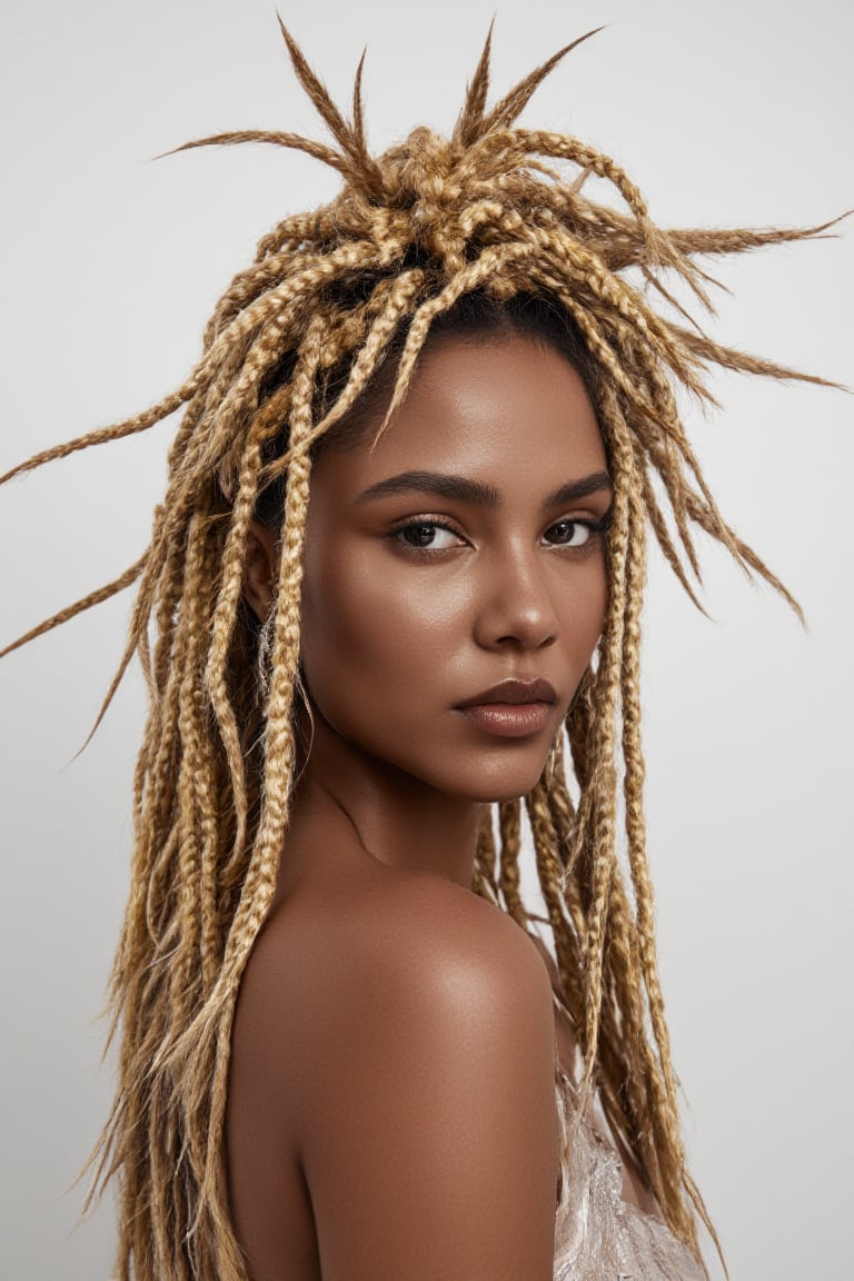 (((masterpiece))) , (((best quality))) , anime style, 2d, a stunning woman with dreadlocks adorned in shimmering gold braids stands in front of a white canvas. Her head is made of delicate silver feathers, and her eyes sparkle like diamonds as she gazes back at the viewer. key visual