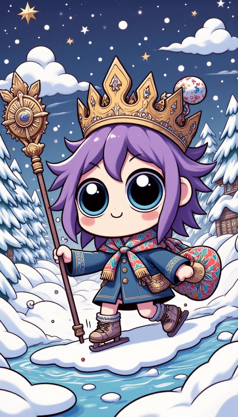 <lora:ZanyEyesStyleFlux:1.0> ZaneyesStyle chibi A woman with purple dreadlocks wearing a crown skating across ice holding a radiant staff.