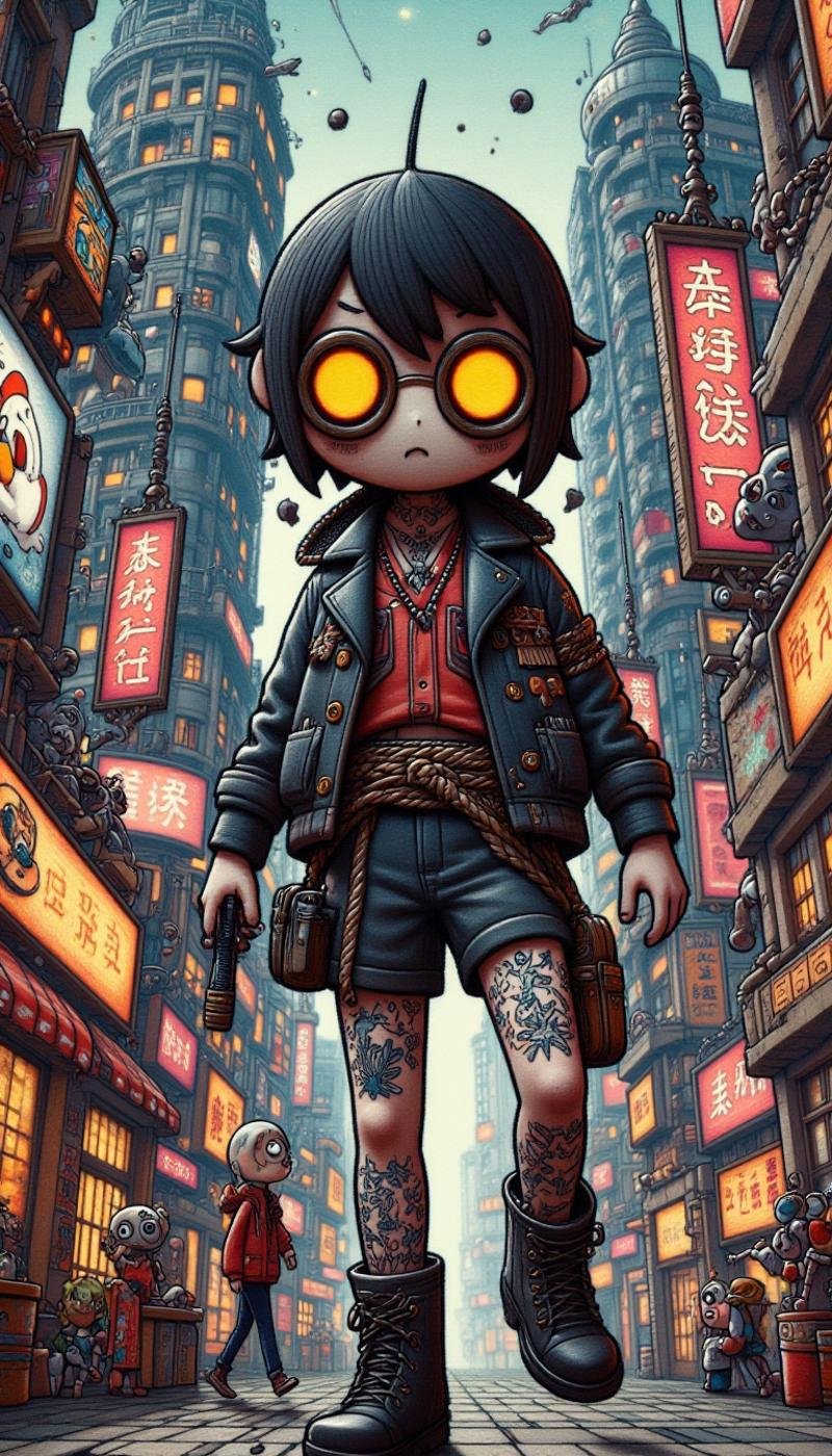 <lora:ZanyEyesStyleFlux:1.0> ZaneyesStyle Glowing tattoos, mechanized limbs, ragged leather jacket, reckless abandon, determined gaze, pierced lips, high-tech goggles, crumbling, cyberpunk metropolis, shattered skyscrapers, blazing holographic ads, pounding electronic music, overcrowded and ominous.