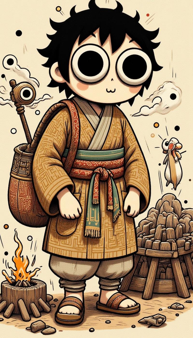 <lora:ZanyEyesStyleFlux:1.0> ZaneyesStyle Male in a tattered brown dervish robe with frayed harem pantaloons, worn out moccasin shoes, and a frayed woolen satchel, hunched over a smoldering campfire.