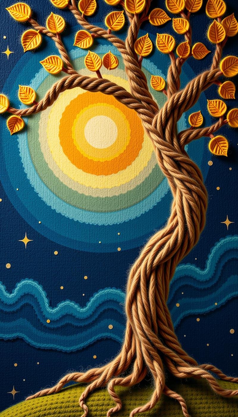 Made out of wool a Realistic oil painting of an ancient willow tree, twisting branches, gnarled roots, golden leaves, glowing full moon, starry night sky, misty atmosphere, soft lighting, vibrant colors, detailed texture, canvas, brush stroke, close-up view, serene, calming, peaceful, mystical, magical