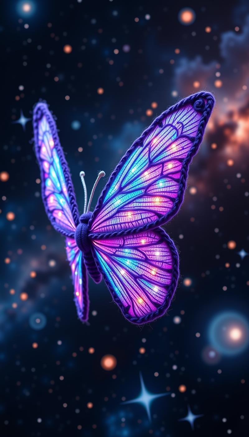 w00lyw0rld Digital art of a holographic butterfly with iridescent wings, floating above a river of stars flowing through space, nebulae and galaxies in the background, vibrant colors, glowing, futuristic, surreal, vibrant, contrasting blues and purples, glittering stars, dark background, dramatic lighting, vibrant, detailed, high definition, vibrant, surreal, contrasting blues and purples, glittering stars, dark background, dramatic lighting, illustration, concept art, artstation, wallpaper, promo art, splash art, detailed, cinematic, photographic, high contrast, refined, detailed, polished, sleek, sharp focus, high resolution, ultra hd, 8k, masterpiece