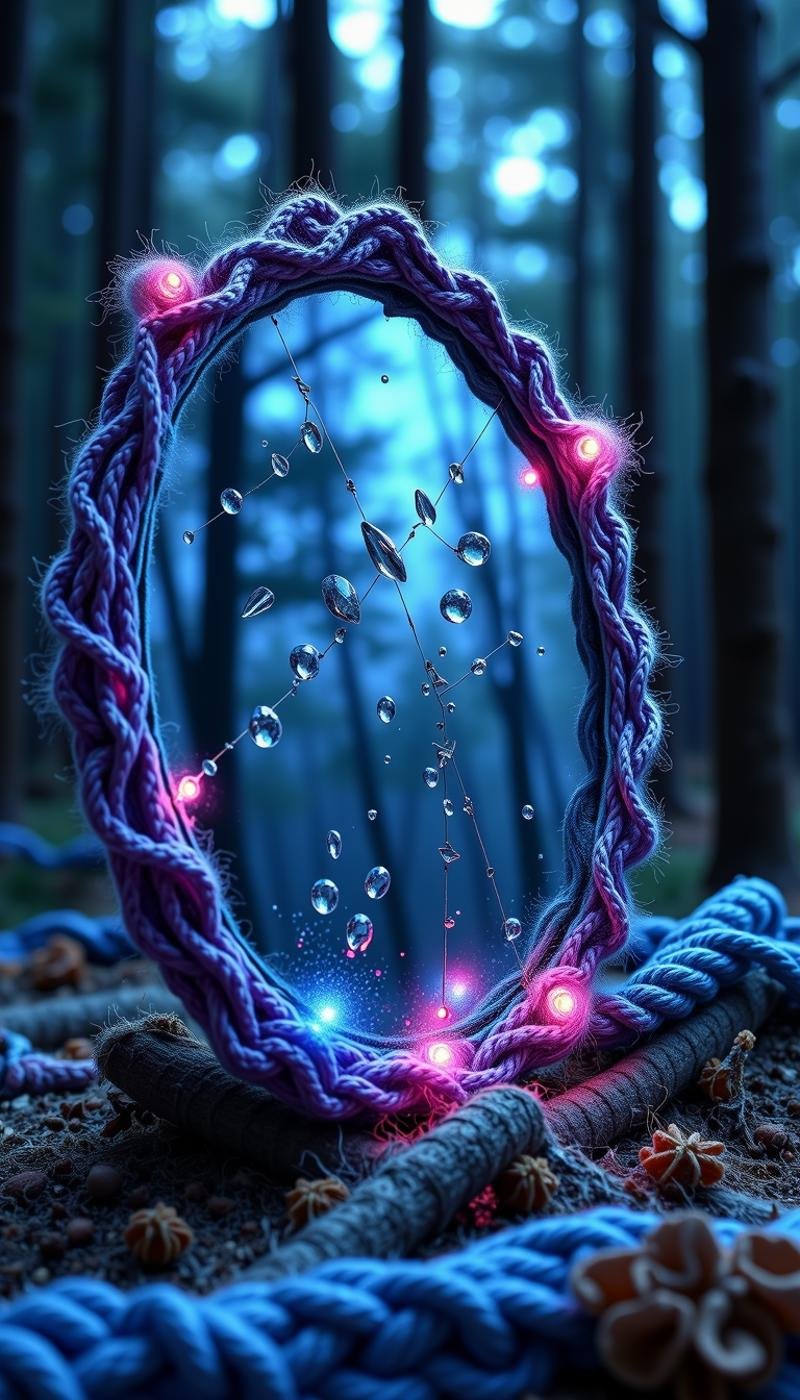 W00lyW0rld realistic digital painting, shattered mirror, reflections, northern lights, blue and purple hues, glass fragments, intricate details, glowing lights, dark forest, cold atmosphere, dramatic contrast, high definition, detailed texture, professional art