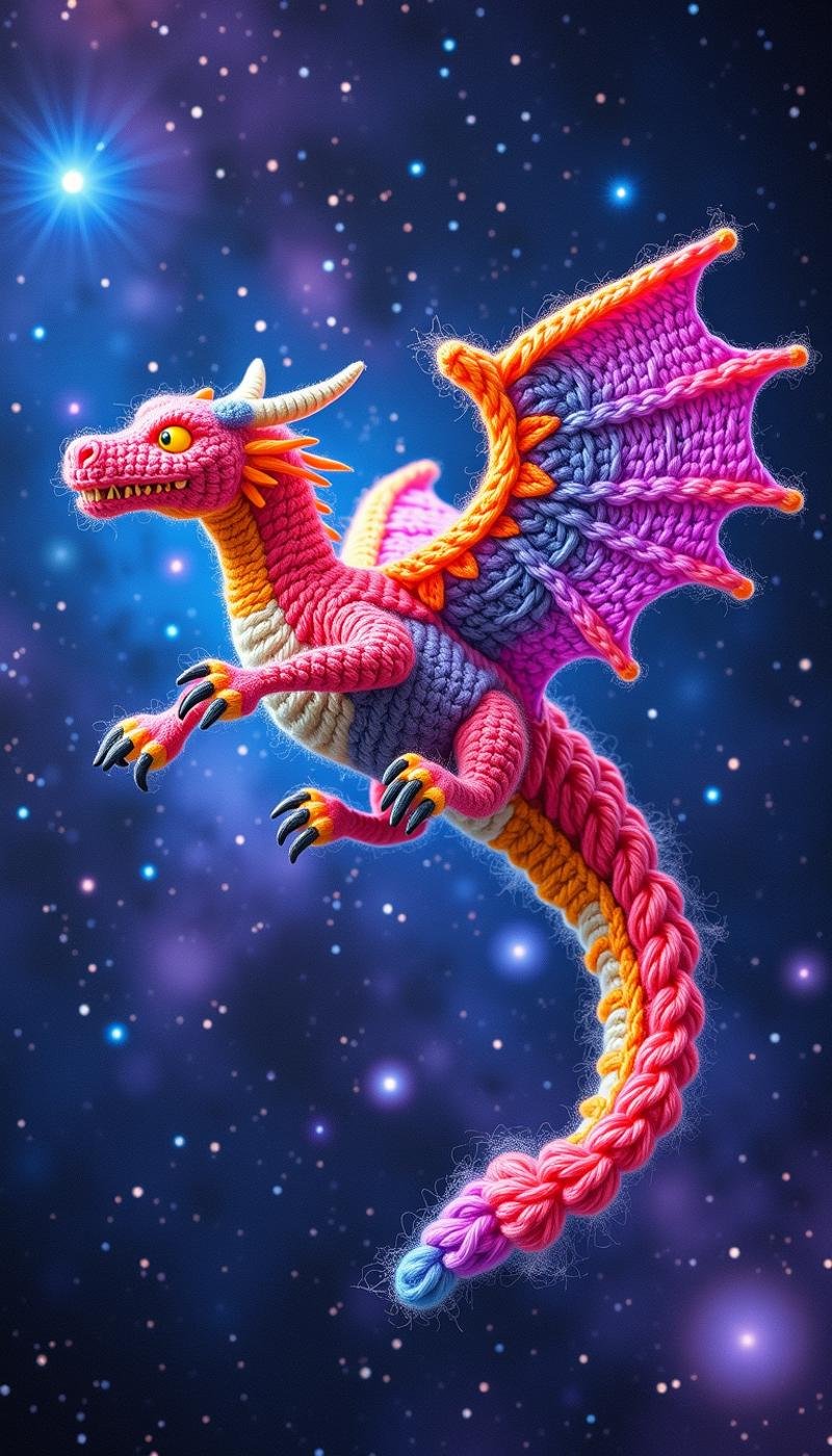 Made out of wool a Digital painting of a nebulous dragon soaring through the cosmos, Glowing, shimmering, iridescent, swirling colors, Nebula-like wings, Comet-like tail, Starry background, Space, Galaxies, Bright, colorful, Glowing eyes, Majestic, Powerful, Graceful, Peaceful, Tranquil, Serene, Awe-inspiring, Epic, Fantasy, Mythical, Magical, Dreamlike, Imaginative, Inspirational, Beautiful, Vibrant, Breathtaking, Majestic, Dramatic, Highly detailed, Crisp, Sharp, Realistic, Detailed, Intricate, Dynamic, Vivid, Stunning, Artstation, Concept art, Illustration, Wide angle, Wallpaper, Promo art, Splash art, Poster, Desktop wallpaper, Phone wallpaper, Artwork, High resolution, 8K, 4K, 2K, 1080p, 720p