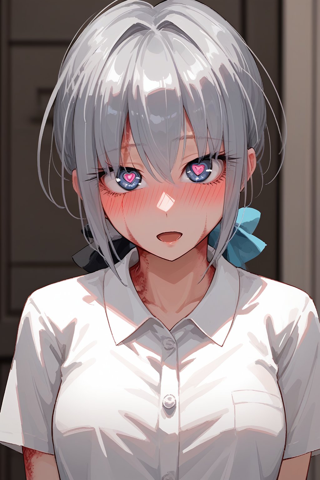 score_9,score_8_up,score_7_up,source_anime, perfect_hands, perfect_face, perfect female body, mature female, cowboy_shot, 1girl, solo, Sylvie , grey hair, blue eyes, scar, heart, 1girl, solo, blush, heart-shaped_pupils, symbol-shaped_pupils, face, eyebrows_visible_through_hair, burn_scar, open_mouth, black_hair, looking_at_viewer, cowboy shot, 