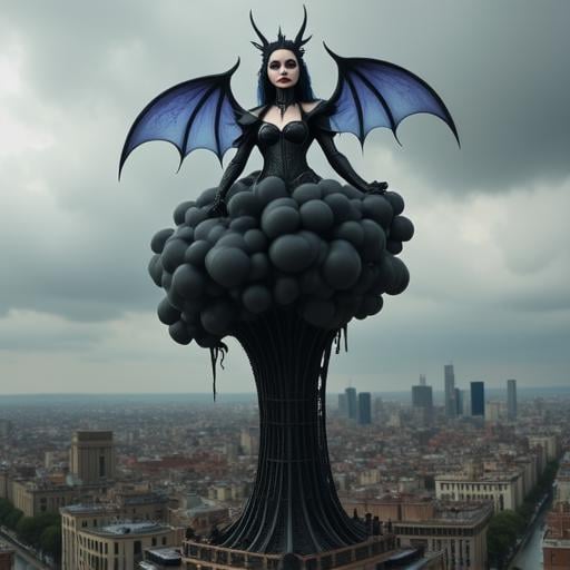 A towering queen standing over a miniature, cityscape. Her dress is made of dark clouds, and her expression is both playful and slightly sinister.