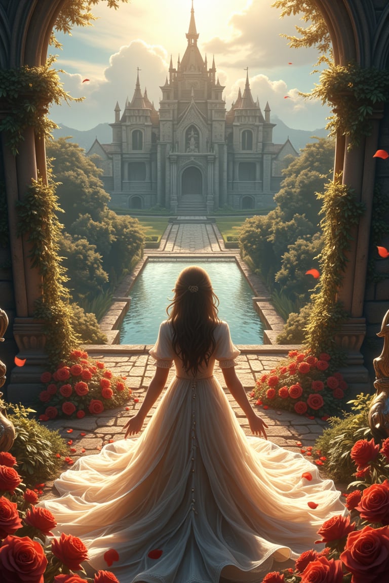 A woman, view from above, high angle, castle background, garden, flowers, flower surround, medieval, fantasy, devil may cry, final fantasy, sun light, ambient light, artistic, cinematic angle, wide flared dress, romantic, petals on the ground, feather flying, angel wings, bow head, emotional face, close eyes, choker, necklace, shoulder armor, rectangle lake lead to the castle,  