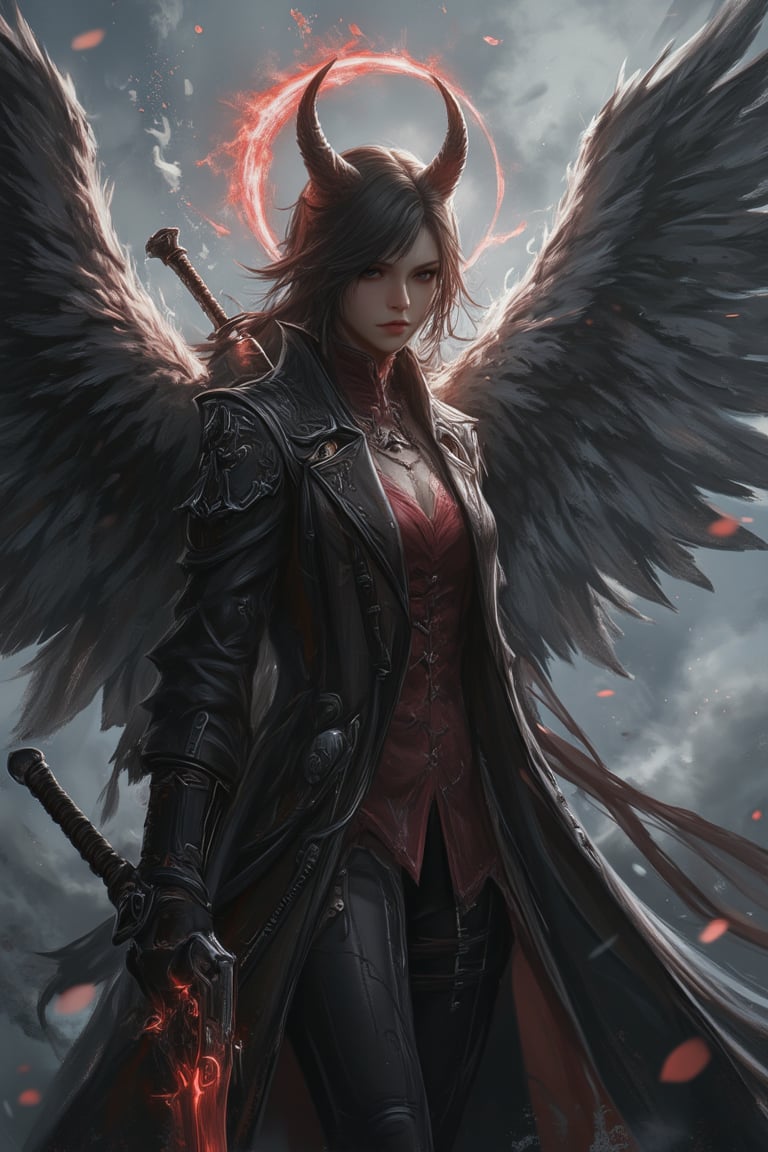 Intricate digital painting, 2.5D render, 
1 woman, 1 wings, upper body portrait, long coat, (sword on back:1.2), revolt gun on hands, smoke, devil horn, (glowing lava horn), circle halo. (detail outfit), (intricate outfit), best quality, dark background, side light, ambient light, glowing, shadow, high contrast, impressive glowing, gothic, devil may cry, final fantasy