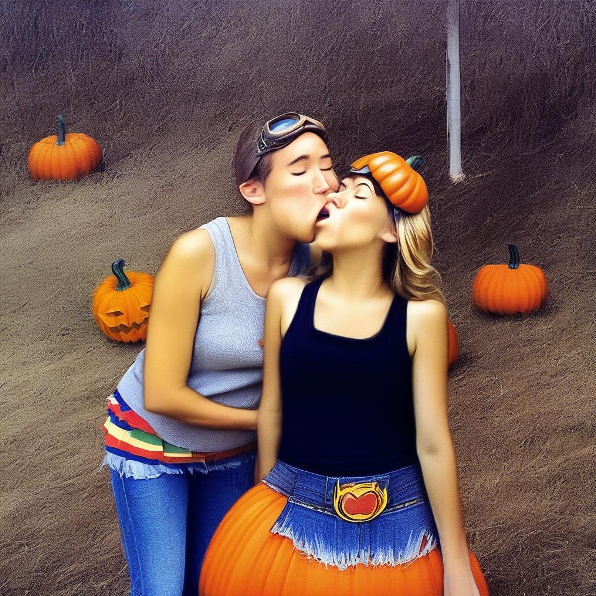 multicolored skirt,  kissing cheek,  pumpkin by user_751794095126614108 on Tensor.Art