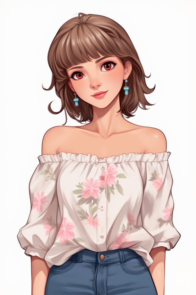 masterpiece, illustration, one woman, solo, looking at viewer, short hair, bangs, simple background, shirt, smiling face, red eyes, heart, symbol, white background, exposed shoulders, collarbone, white shirt, light brown hair, cowboy shot, open lips, pants, blunt bangs, medium length hair, floral off-shoulder shirt, denim, jeans, blue pants,acryli painting