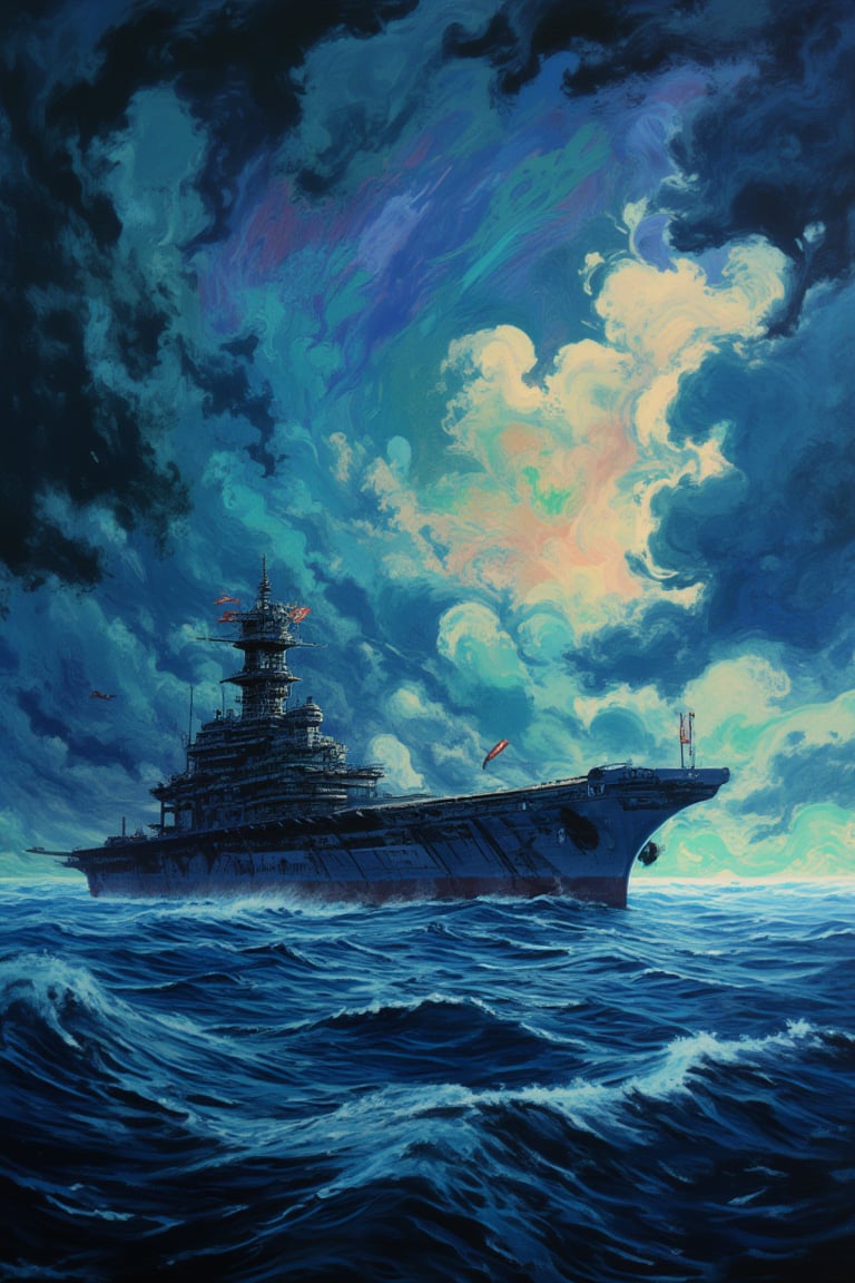 Illustration, vivid, colorful, Japanese Navy aircraft carrier Akagi, sailing through stormy seas, Makoto Shinkai style, amazing detail, fantastic, mysterious, detailed background, it can't be ordinary, it must be highly complex in structure, it must have a high degree of randomness, it must be an image that nobody has seen before, it must be highly original, it must have incredible detail, it must be of the highest artistry, it must be the ultimate, failure is not an option,acryli painting,midjourney