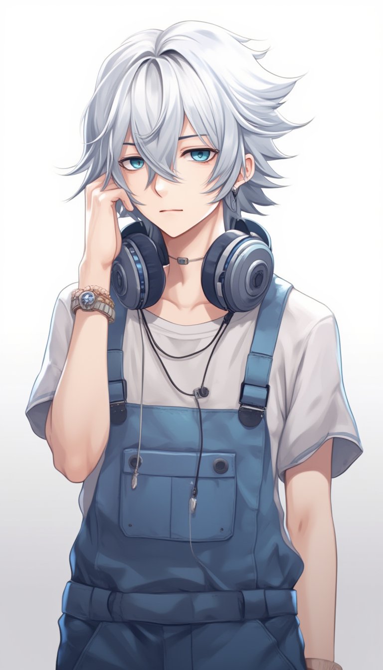 solo, looking at viewer, blue eyes, simple background, shirt, 1boy, white background, jewelry, upper body, white hair, male focus, bracelet, headphones, transparent background, t-shirt, overalls, hand on own head, headphones around neck, bishounen,midjourney