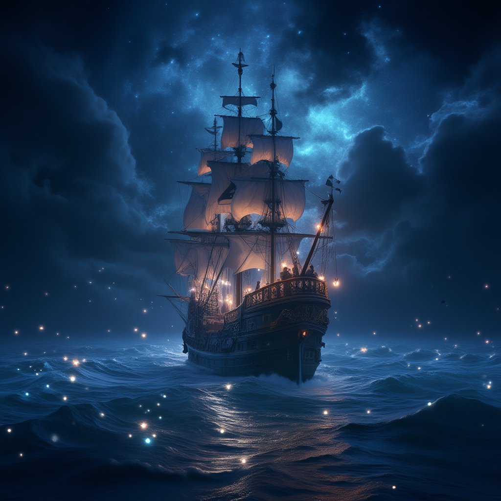 Captain's triumphant return: A majestic pirate ship, adorned with billowing sails and lanterns aglow, majestically glides into a bioluminescent sea illuminated by a swirling galaxy above. Fireflies dance across the waves, as if welcoming the vessel home. Framed by the starry night sky, this XL 4K ultra-high definition action shot captures the drama of the moment.,midjourney