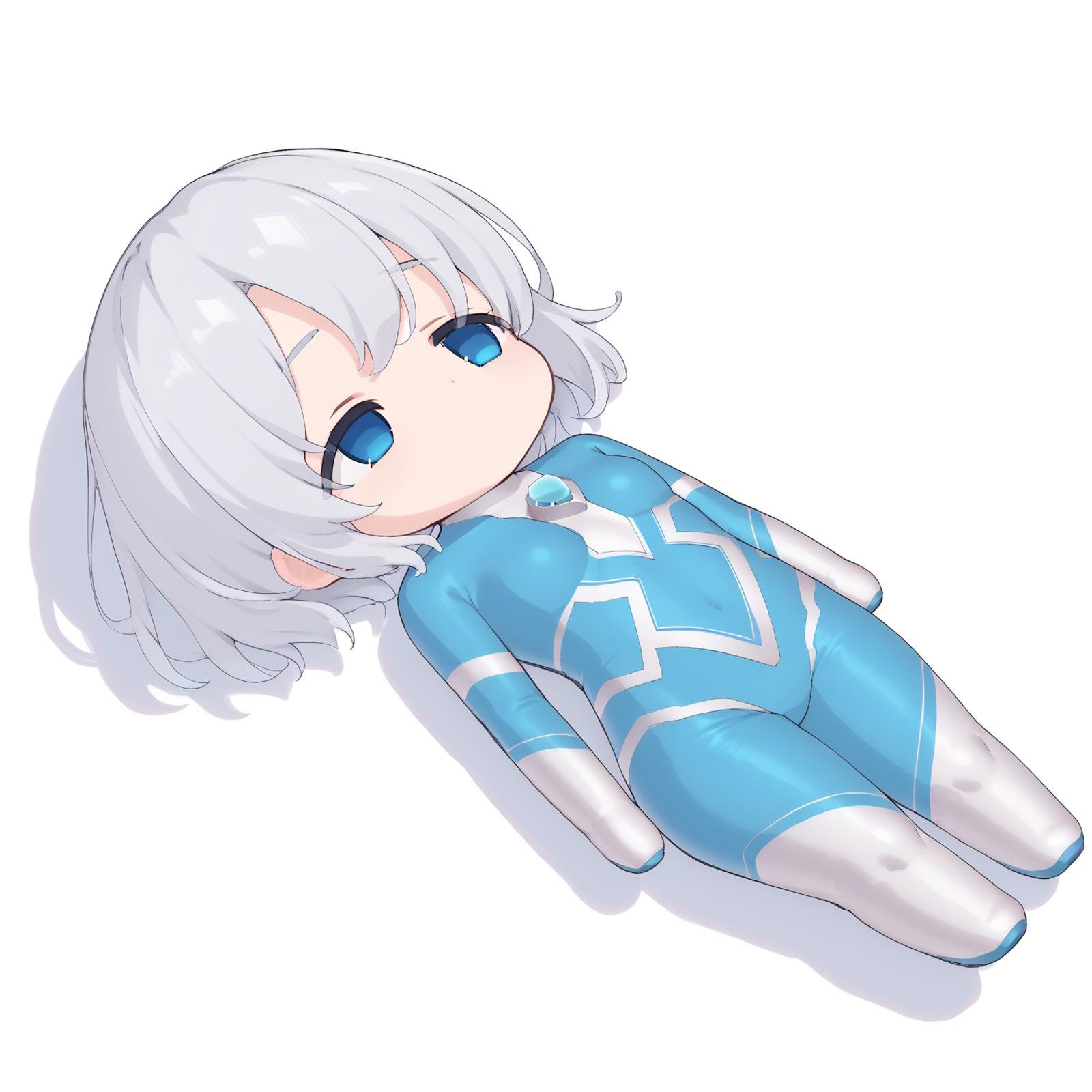 <lora:niyon:1>,niyon,short hair,silver hair,blue eyes,blue chest jewel,bodysuit,blue bodysuit,impossible bodysuit,QiqiFallen,lying,on back,chibi,<lora:QiqiFallen_XLPD>,exhausted,full body,empty eyes,, score_9,score_8_up,score_7_up,source_anime,best quality,masterpiece,uncensored,detailed eyes,