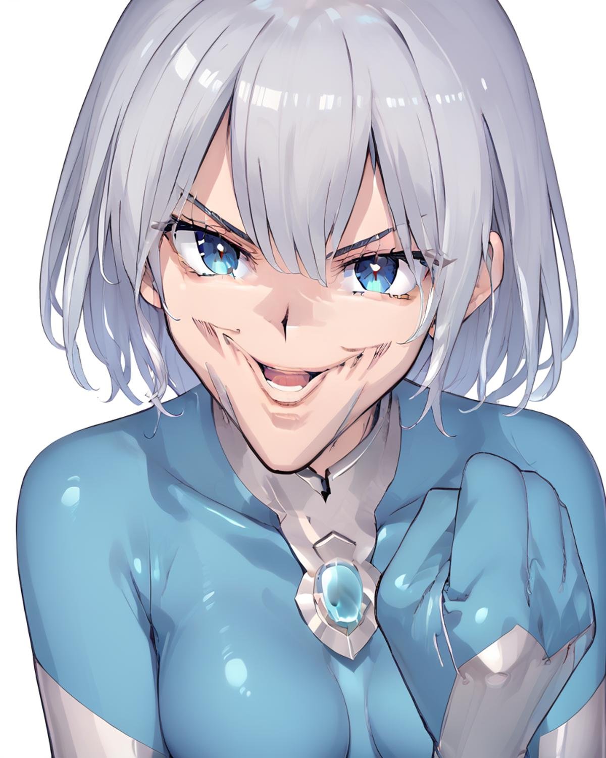 <lora:niyon:1>,niyon,short hair,silver hair,bodysuit,latex bodysuit,blue chest jewel,medium breasts,1girl,solo,Joey_Chin_A,Hand up,LOOKING AT VIEWER,CLENCHED HAND,PORTRAIT,smile,open mouth,<lora:Concept_Meme_Joey_Wheelers_Creepy_Chin_A:0.9>,, score_9,score_8_up,score_7_up,source_anime,best quality,masterpiece,uncensored,detailed eyes,