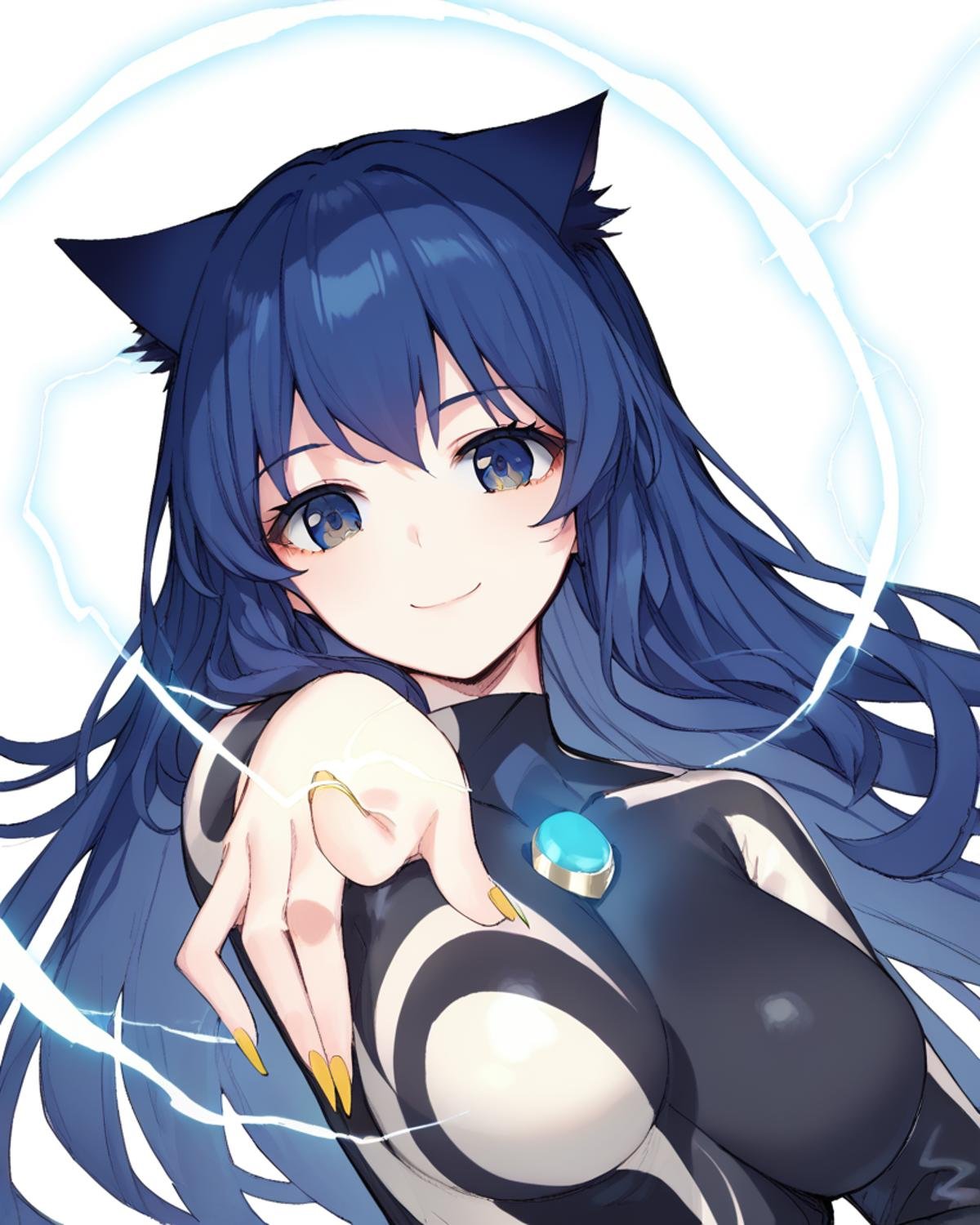 <lora:kitesama>,kitesama,cat ears,blue hair,blue eyes,long hair,cat tail,24yo,mature female,blue chest jewel,black bodysuit,bodysuit,white body markings,yellow nails,1girl,solo,pointing electricity,<lora:only_my_railgun_pony:1>,smile,, score_9,score_8_up,score_7_up,source_anime,best quality,masterpiece,uncensored,detailed eyes,<lora:add-detail-xl:0.7>