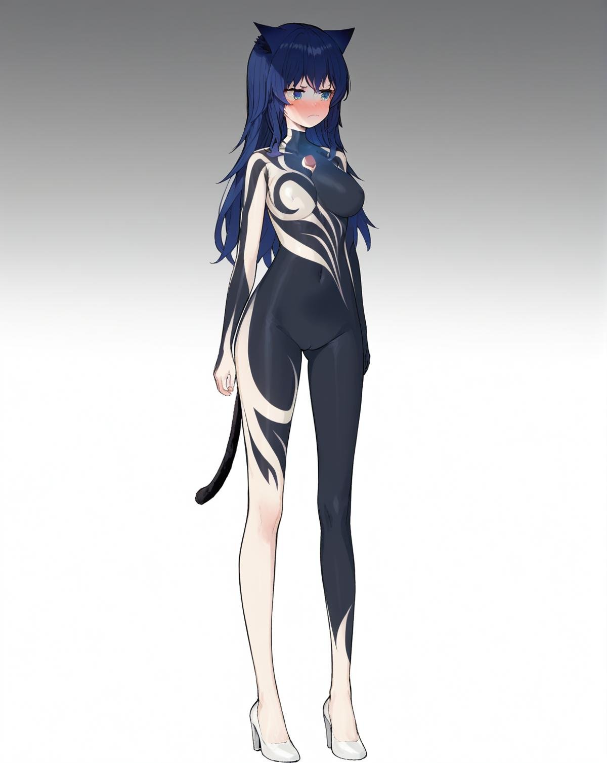 <lora:kitesama>,kitesama,cat ears,blue hair,blue eyes,long hair,cat tail,24yo,red chest jewel,black bodysuit,white body markings,1girl,solo,standing,full body,gradient background,embarrassed,annoyed,, score_9,score_8_up,score_7_up,source_anime,best quality,masterpiece,uncensored,detailed eyes,<lora:add-detail-xl:0.7>