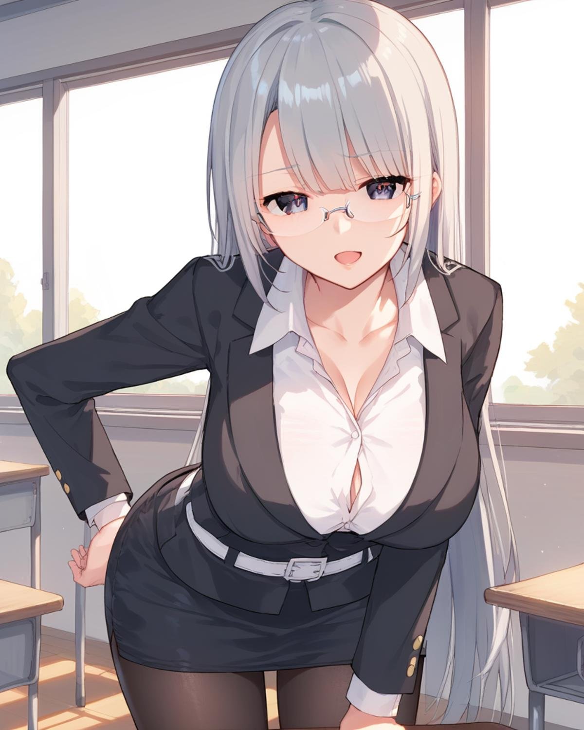 <lora:sensei_chan:1>,senseichan,long hair,grey hair,large breasts,rimless eyewear,suit,teacher,white belt,pencil skirt,black pantyhose, 1girl,solo,standing,cowboy shot,looking at viewer,leaning forward,arm support,school desk,classroom,naughty face,open mouth,, score_9,score_8_up,score_7_up,source_anime,best quality,masterpiece,uncensored,detailed eyes,